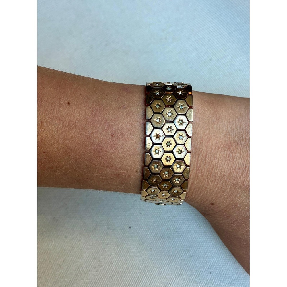 Vintage Trifari Honeycomb Rhinestone Bracelet Gold Tone Art Deco Signed